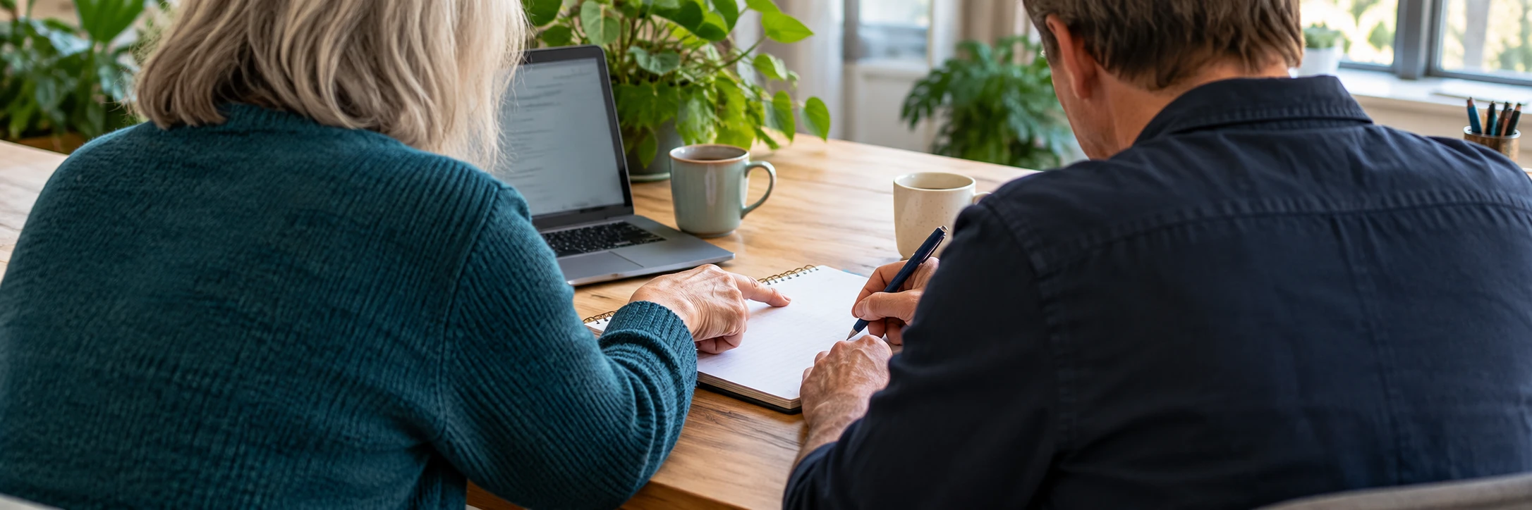 Illustratieve foto van een coach en een deelnemer die van achteren aan een werkplan werken, zonder herkenbare gezichten
